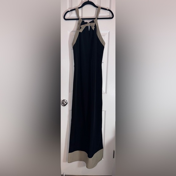 The Limited, Black and Beige Maxi Dress, ties around neck, 21 inch side splits S - Picture 2 of 16